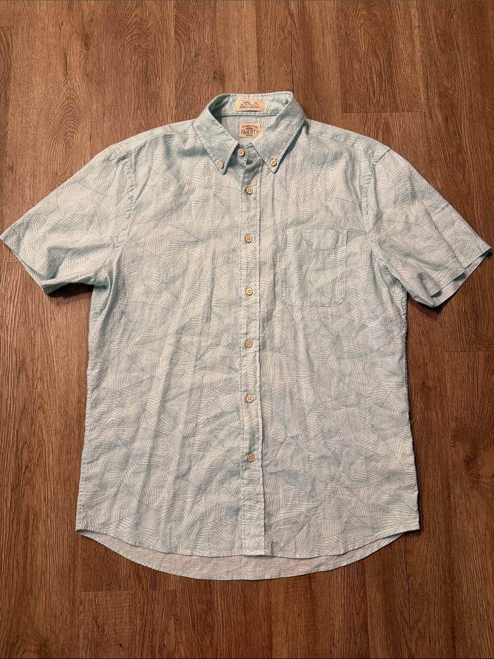 Faherty The Breeze Shirt Short Sleeve Linen Blend Light Blue Leaf Print Size M